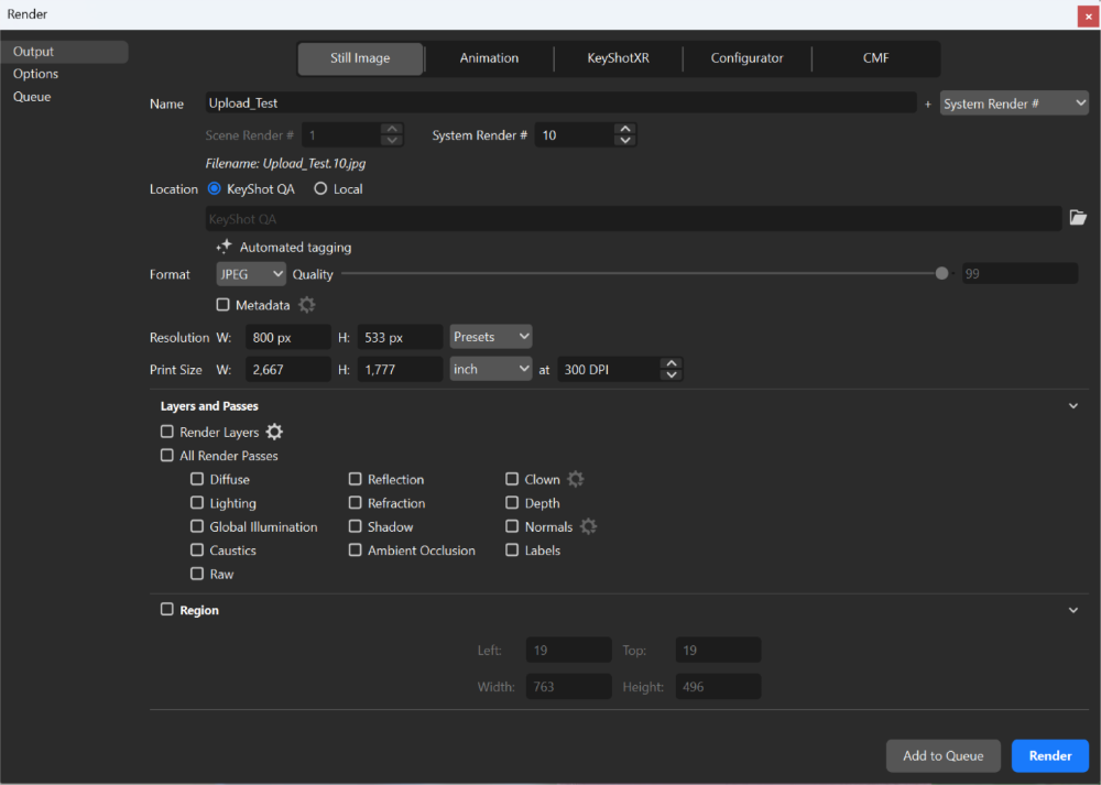 Pop-up dialog; render output from KeyShot Studio to KeyShot Hub